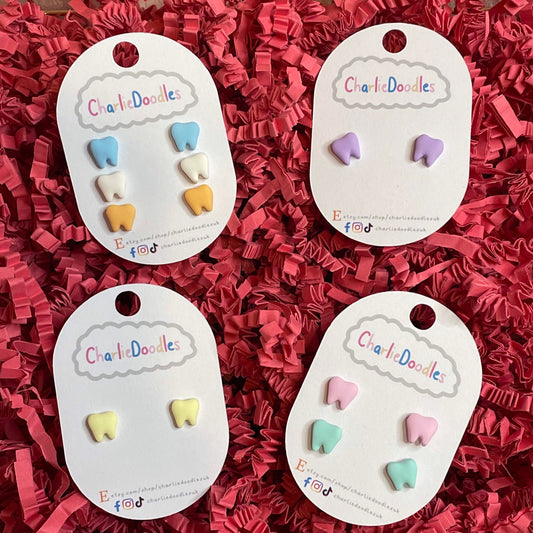 3 Pairs - Tooth Shaped Polymer Clay Stud Earrings