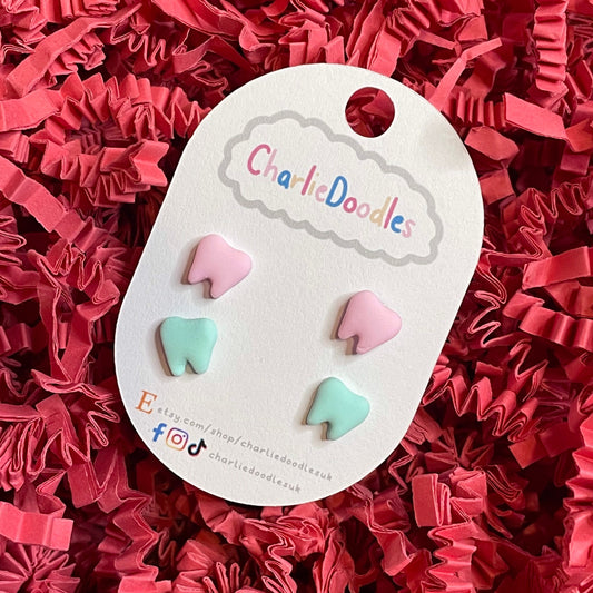 2 Pairs - Tooth Shaped Polymer Clay Stud Earrings